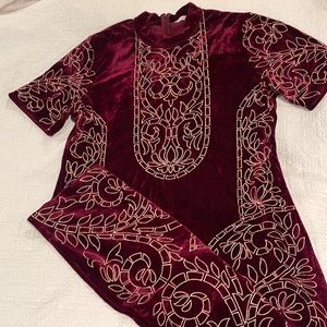 Velvet burgundy dress with tan embroidery